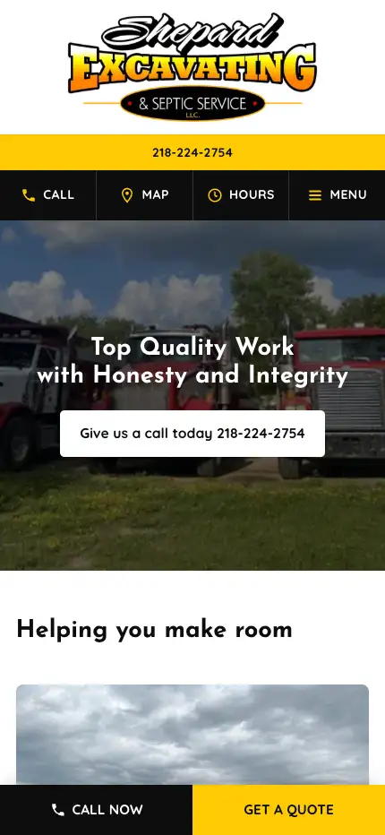 Shepard Excavating home page on a phone, after