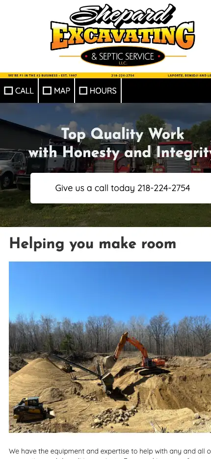 Shepard Excavating home page on a phone, before