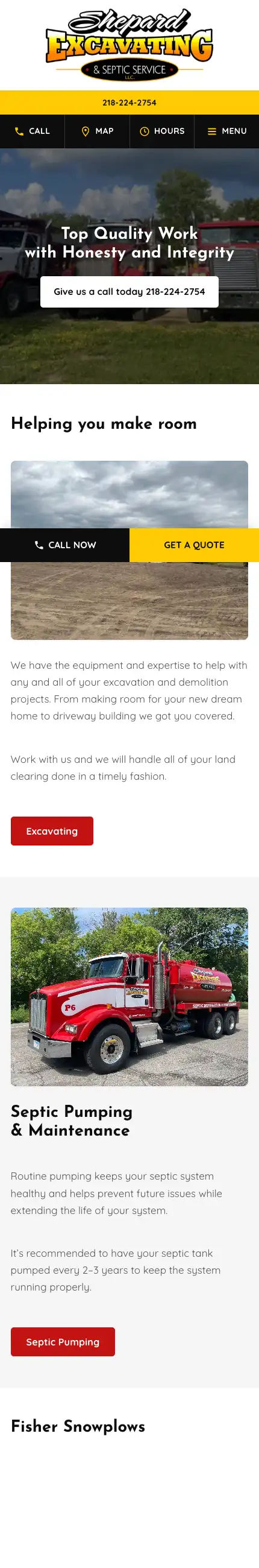 Shepard Excavating website scrolling on a phone